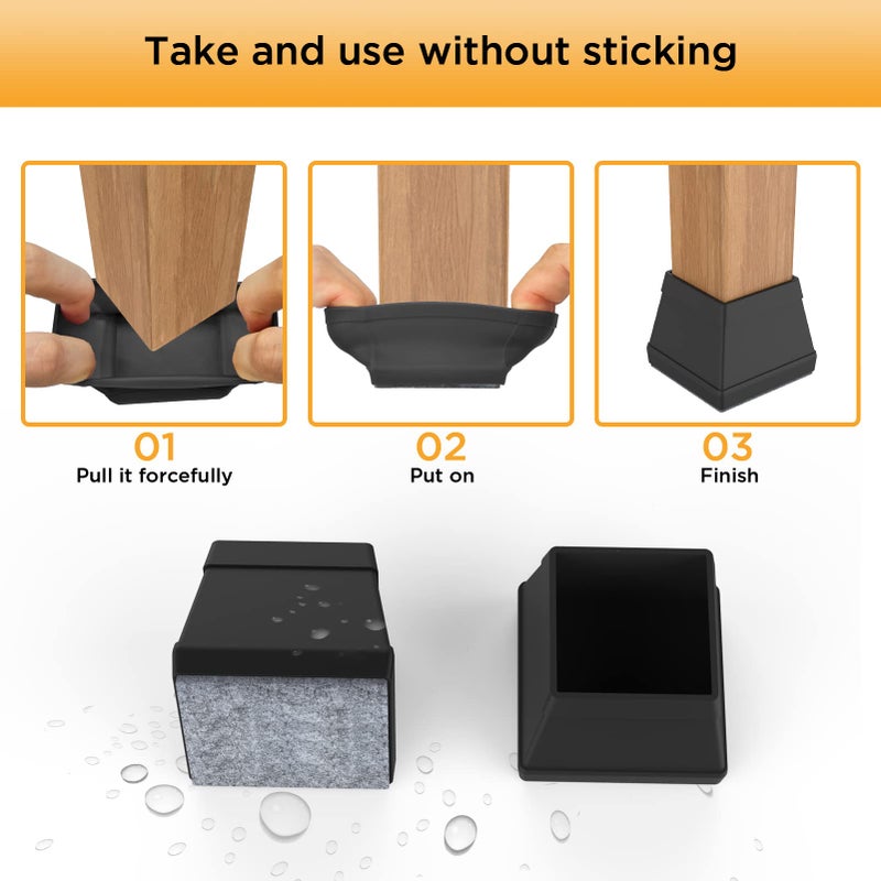 CHWM 16 PCS Square Chair Leg Floor Protector, Silicone Chair Leg Cover, Furniture Leg Protectors with Felt, Mobile Table Leg pad, Protect The Floor from Scratches.1 1/2 in Black. - Image 4