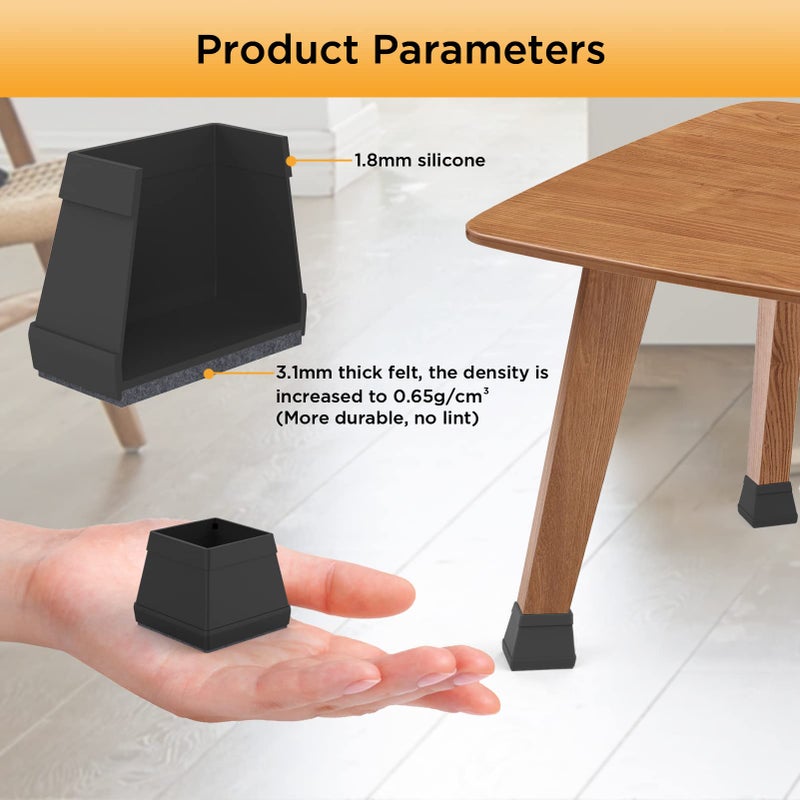 CHWM 16 PCS Square Chair Leg Floor Protector, Silicone Chair Leg Cover, Furniture Leg Protectors with Felt, Mobile Table Leg pad, Protect The Floor from Scratches.1 1/2 in Black. - Image 5