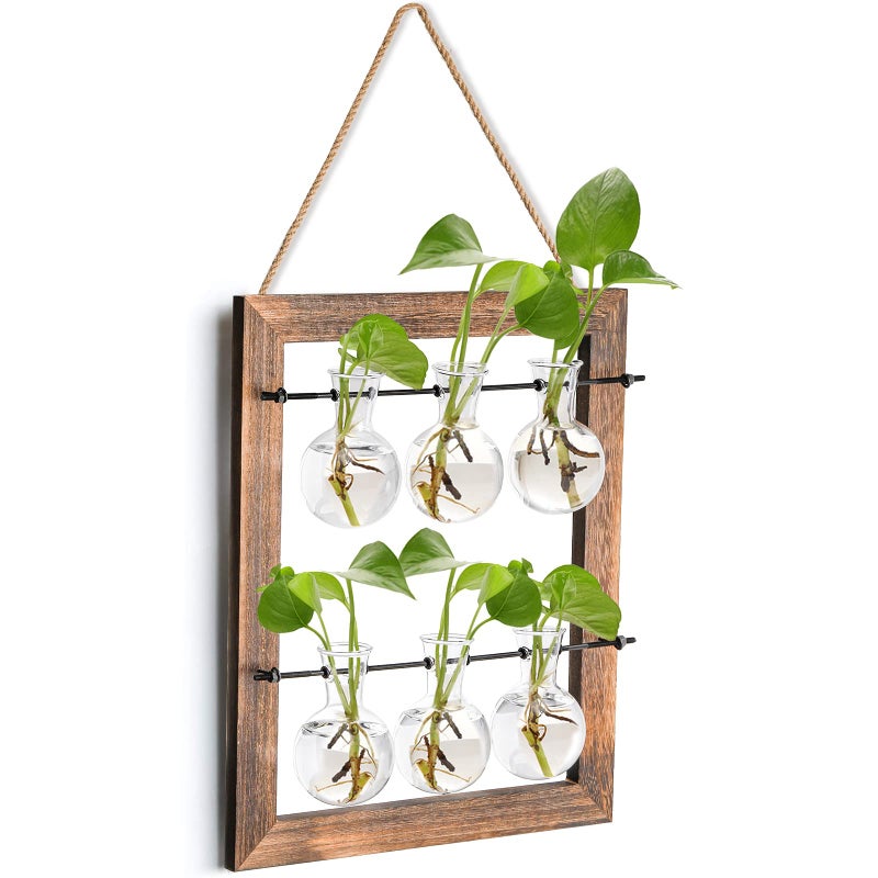 Elsjoy Wall Hanging Glass Planter Double Layer Plant Terrarium Propagation Station Mini 6 Bulb Vase with Wooden Stand and Rope for Hydroponics Plants Home Decor Indoor Outdoor