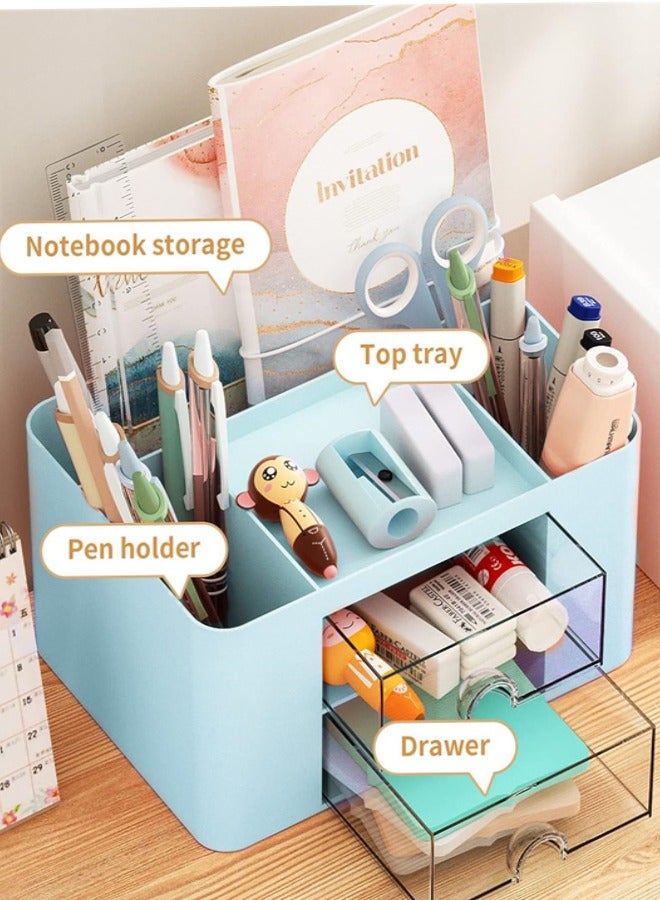 Generic Pencil Pen Holder for Desk, Desk Organizer with 2 Drawers, Pencil Pen Holder for Desk Stationery Supplies Organizer Desk Organizers with 5 Compartments for Office Home School  - Image 4