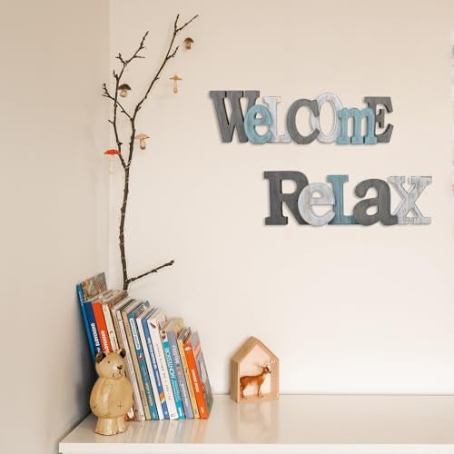 E-view Rustic Wooden Teal Home Sign Decorative Cutout Letters Freestanding Block Word Sign Hanging Ornament Table Shelf Decor (Welcome) - Image 3