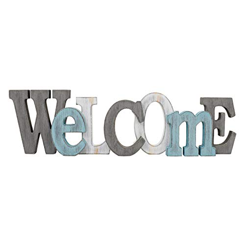 E-view Rustic Wooden Teal Home Sign Decorative Cutout Letters Freestanding Block Word Sign Hanging Ornament Table Shelf Decor (Welcome) - Image 1