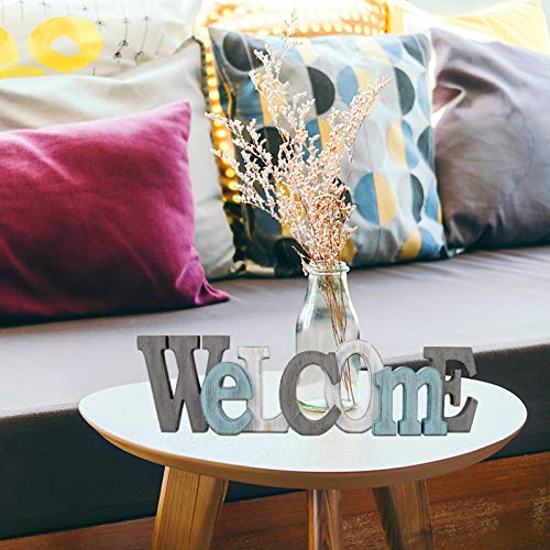 E-view Rustic Wooden Teal Home Sign Decorative Cutout Letters Freestanding Block Word Sign Hanging Ornament Table Shelf Decor (Welcome) - Image 4