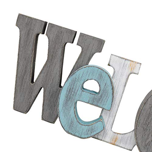 E-view Rustic Wooden Teal Home Sign Decorative Cutout Letters Freestanding Block Word Sign Hanging Ornament Table Shelf Decor (Welcome) - Image 5