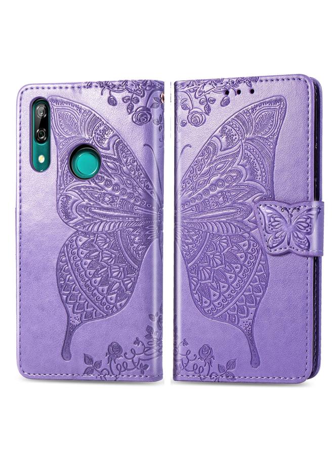 اس-توب جراب جلدي أفقي قابل للطي منقوش عليه زهور حب الفراشات لهاتف Huawei P Smart Z مع حامل وفتحات للبطاقات ومحفظة وحبل تعليق - Image 1