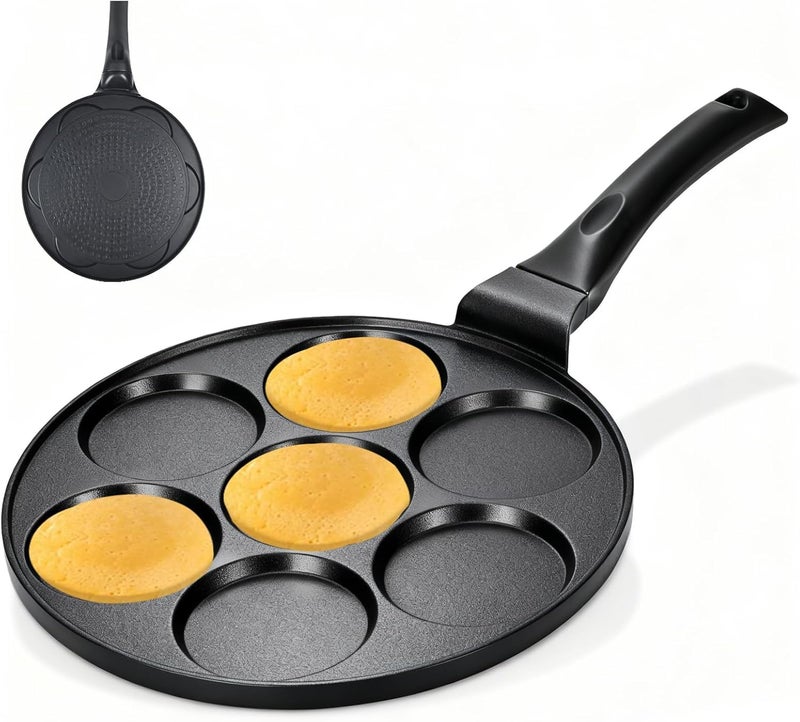 LUCKY Nonstick Pancake Pan with 7 Molds Pancake Pan 9.7 Inch, Mini Pancake Maker with PFOA-Free Coating, Crepe Griddle for Kids, Gas Compatible Breakfast Griddle, Black - Image 1