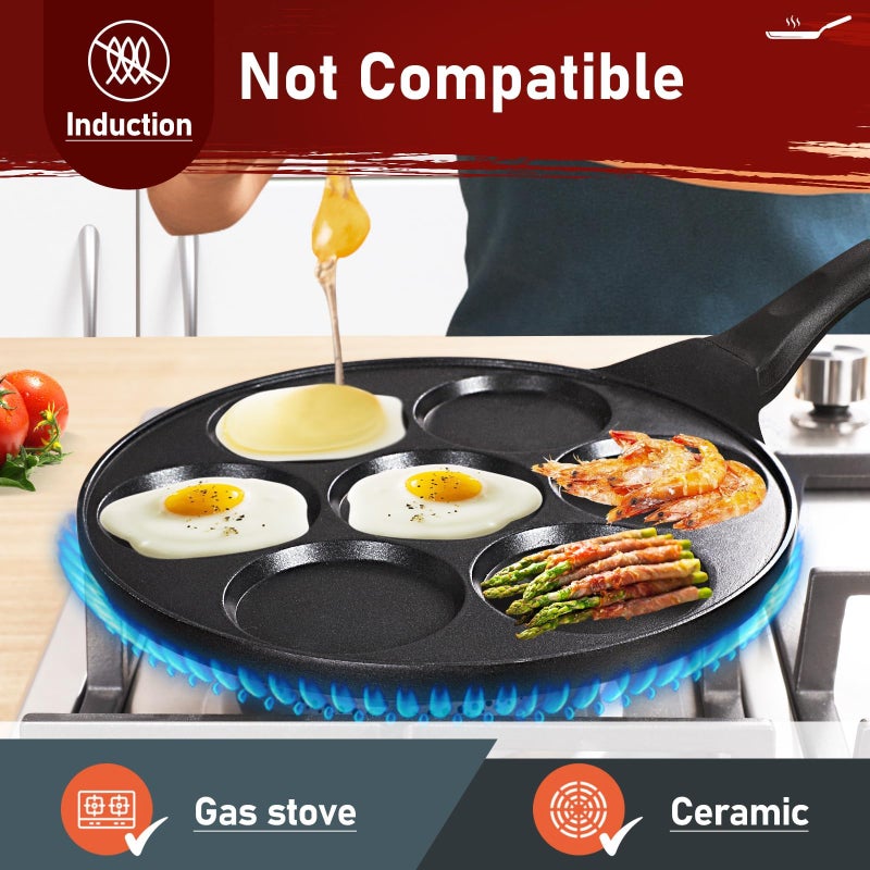 LUCKY Nonstick Pancake Pan with 7 Molds Pancake Pan 9.7 Inch, Mini Pancake Maker with PFOA-Free Coating, Crepe Griddle for Kids, Gas Compatible Breakfast Griddle, Black - Image 2