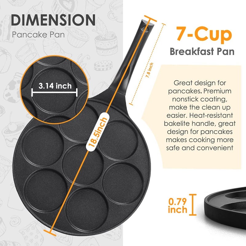 LUCKY Nonstick Pancake Pan with 7 Molds Pancake Pan 9.7 Inch, Mini Pancake Maker with PFOA-Free Coating, Crepe Griddle for Kids, Gas Compatible Breakfast Griddle, Black - Image 4
