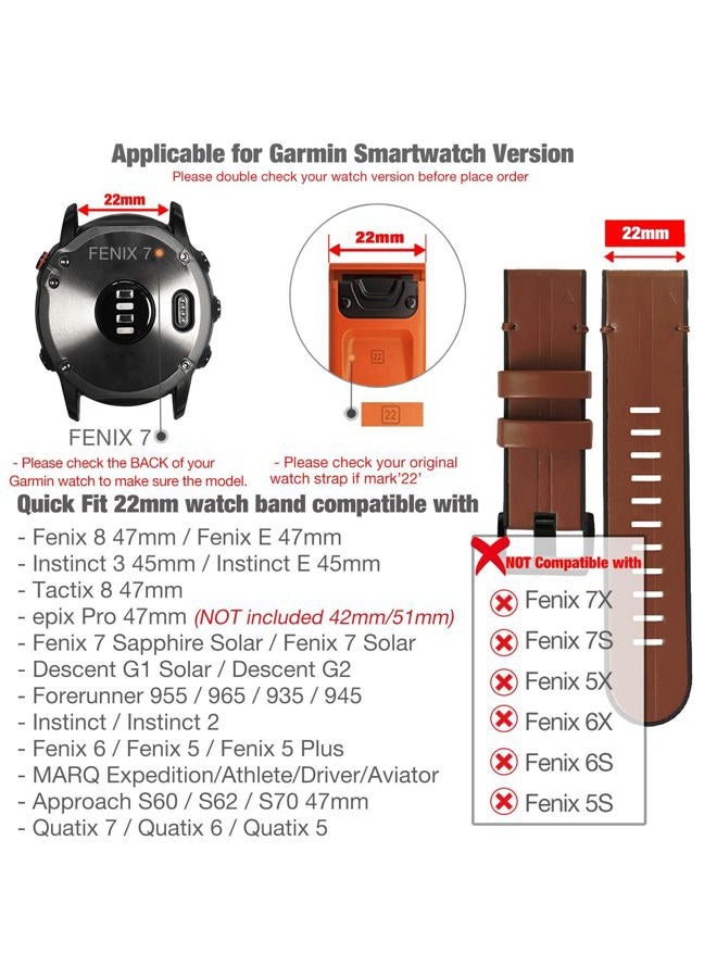 Abanen 22mm Leather Watch Bands for Fenix 6 / Fenix 5, Easy Release Fit Genuine Leather with Silicone Sweatproof Wrist Strap for Garmin Fenix 6 Pro/Sapphire,Approach S62/S60,Instinct,Quatix 6 (B - Image 2