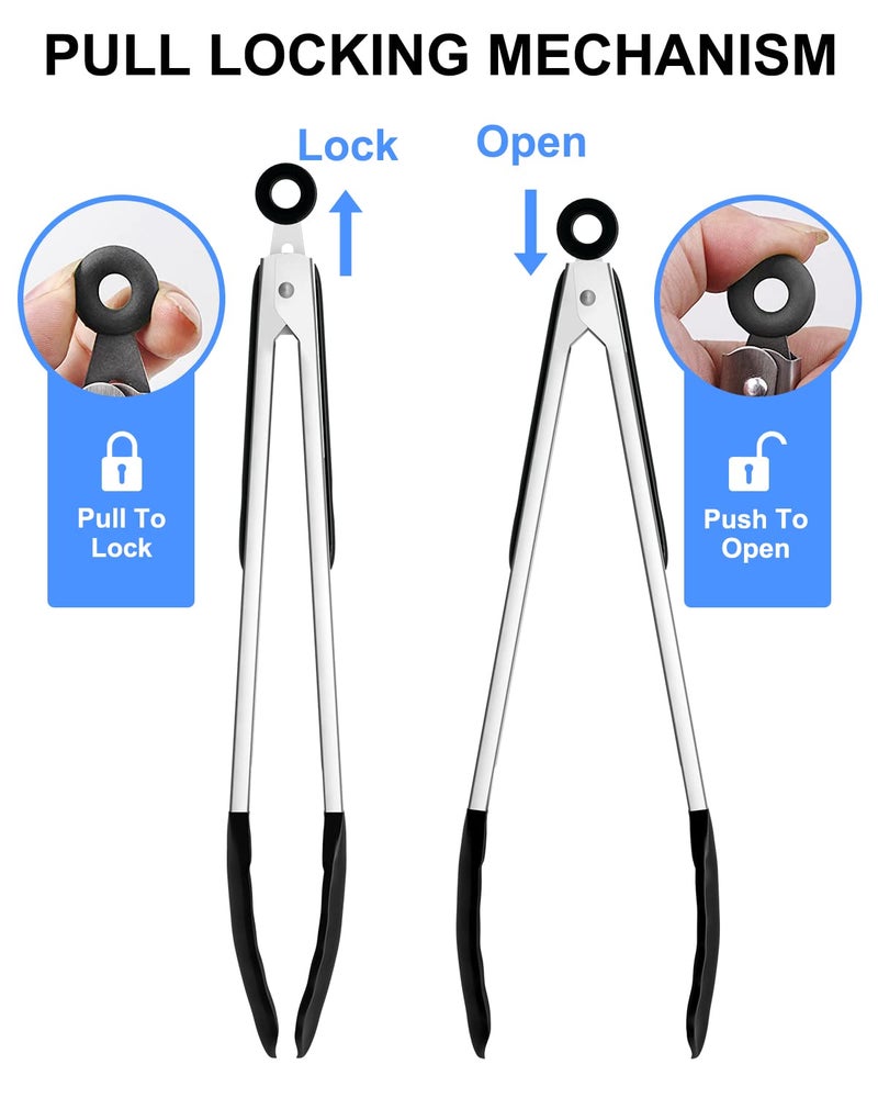 Bnlcd 600ºF Heat Resistant Kitchen Tongs, Premium Locking Cooking Tongs with Silicone Tips, Non-Slip Food Tongs for Cooking, Non-Stick, Heavy Duty Stainless Steel Handle, Set of 3-7" 9" and 12" Black - Image 3
