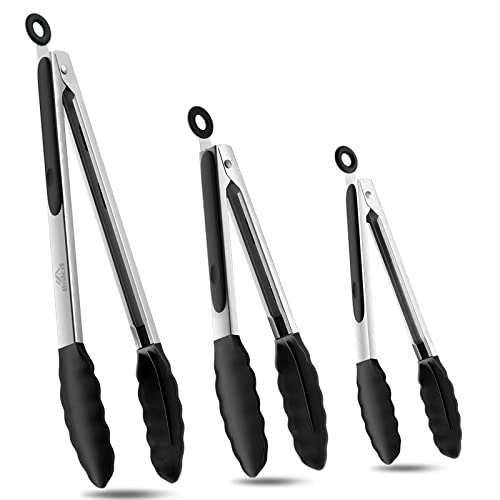 Bnlcd 600ºF Heat Resistant Kitchen Tongs, Premium Locking Cooking Tongs with Silicone Tips, Non-Slip Food Tongs for Cooking, Non-Stick, Heavy Duty Stainless Steel Handle, Set of 3-7" 9" and 12" Black - Image 1