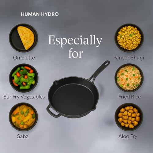 Human Hydro Pre-Seasoned Cast Iron Fry Pan (24CM) with Wooden Spatula | Naturally Nonstick, Induction & Gas Compatible | Heavy-Duty Skillet for Frying, Searing, Omelets & Stir-Frying - Image 4
