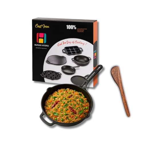 Human Hydro Pre-Seasoned Cast Iron Fry Pan (24CM) with Wooden Spatula | Naturally Nonstick, Induction & Gas Compatible | Heavy-Duty Skillet for Frying, Searing, Omelets & Stir-Frying - Image 1