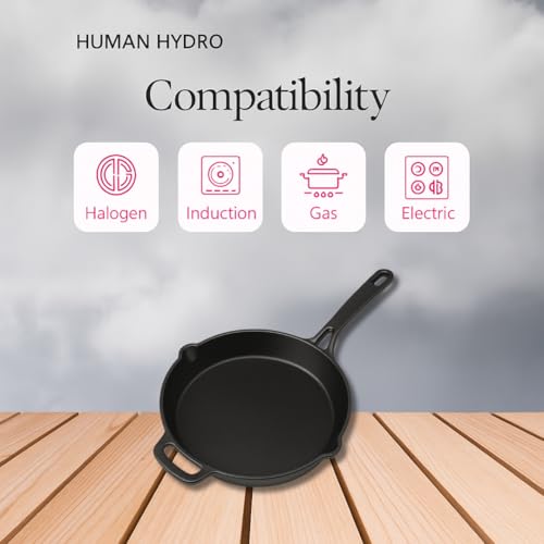 Human Hydro Pre-Seasoned Cast Iron Fry Pan (24CM) with Wooden Spatula | Naturally Nonstick, Induction & Gas Compatible | Heavy-Duty Skillet for Frying, Searing, Omelets & Stir-Frying - Image 3
