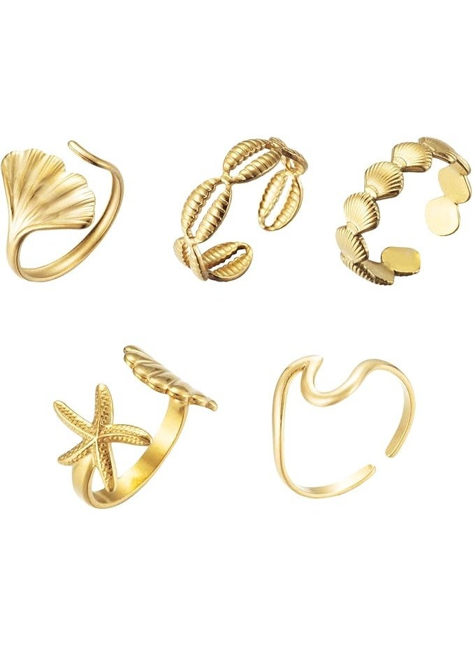 5PCS خاتم القشرة الذهبية للنساء شاطئ سرفر نجوم البحر 18k الذهب حلوة القشرة موجة تراكم الخواتم المجوهرات الصيفية للنساء فتاة - Image 1