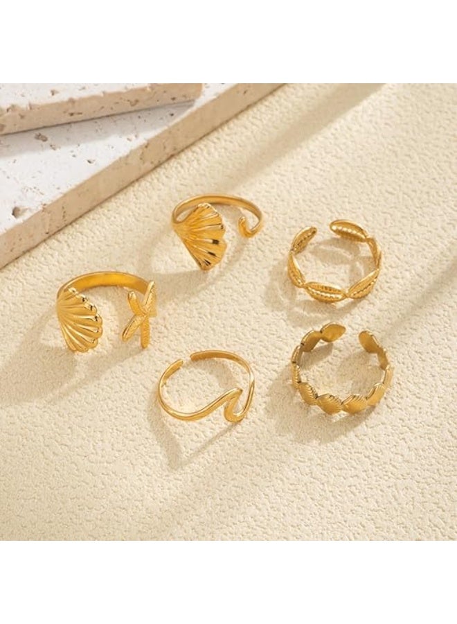 5PCS خاتم القشرة الذهبية للنساء شاطئ سرفر نجوم البحر 18k الذهب حلوة القشرة موجة تراكم الخواتم المجوهرات الصيفية للنساء فتاة - Image 3