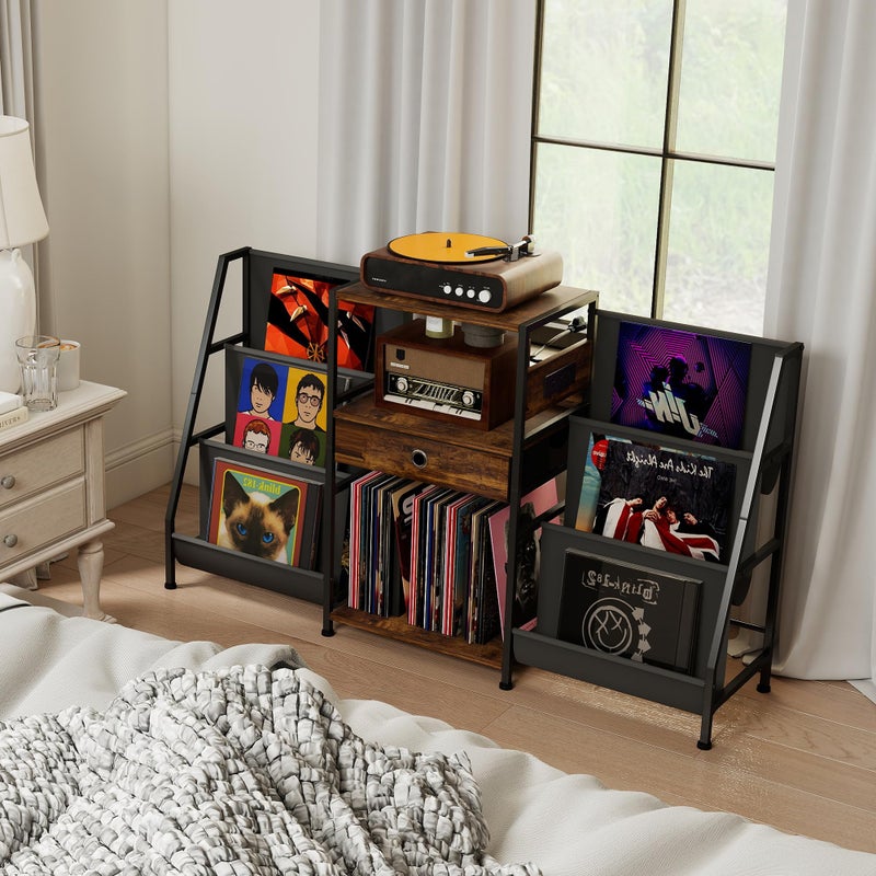 SUNTAGE Record Player Stand, Turntable Stand w/Drawer, Oxford Cloth Vinyl Storage, 8 Adjustable Foot Pads for Stability, Record Player Table End Table for Living Room Bedroom Stereo - Image 1