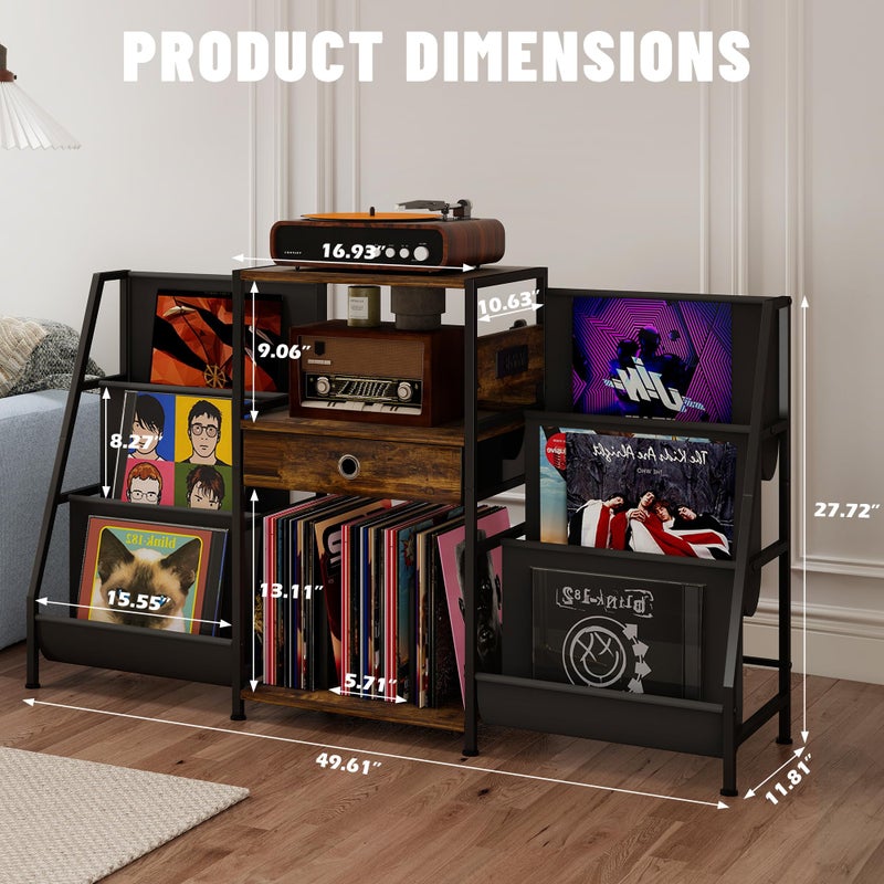 SUNTAGE Record Player Stand, Turntable Stand w/Drawer, Oxford Cloth Vinyl Storage, 8 Adjustable Foot Pads for Stability, Record Player Table End Table for Living Room Bedroom Stereo - Image 2