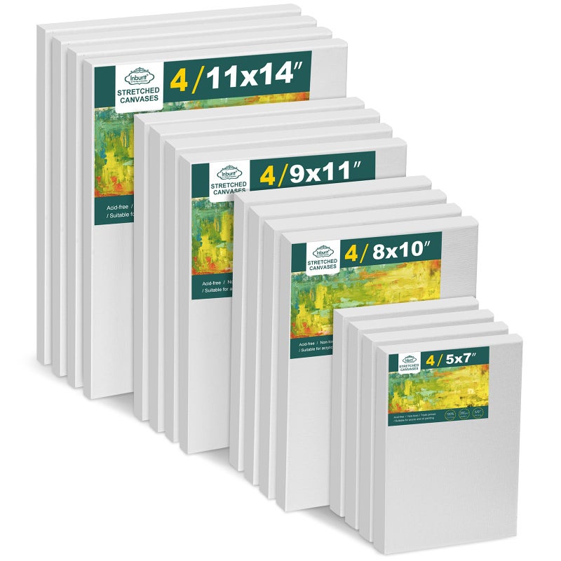 Inburit Inburit Canvas for Painting for Adults & Kids 16 Pack with 11x14, 9 x12, 8x10, 5x7 (4 of Each), Blank Primed Stretched Canvases for Oil, Acrylic & Other Painting Media  - Image 1