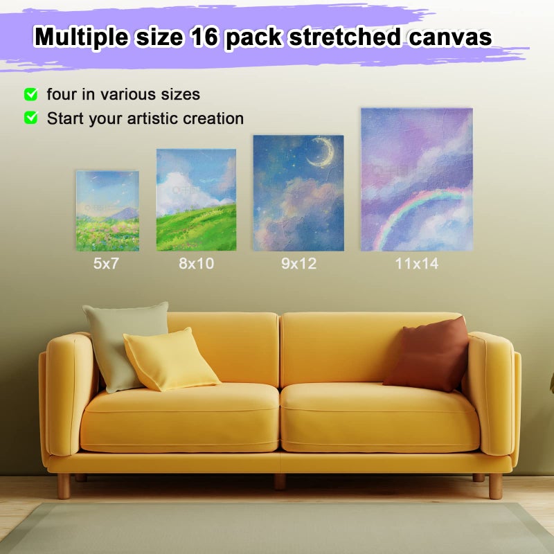 Inburit Inburit Canvas for Painting for Adults & Kids 16 Pack with 11x14, 9 x12, 8x10, 5x7 (4 of Each), Blank Primed Stretched Canvases for Oil, Acrylic & Other Painting Media  - Image 4