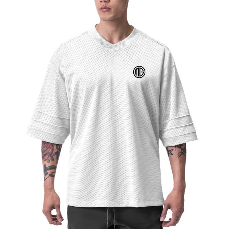 Casual plus size short sleeve Men''s Fitness loose V-neck half sleeve summer drop shoulder sleeve trendy bodybuilding training clothes - Image 3