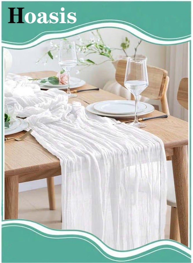 ح واحة مفارش طاولة 90×400 سم، مفرش طاولة من الشاش البوهيمي، مفرش طاولة شفاف من القماش الكتاني لحفلات الزفاف وحفلات استقبال العرائس، قطعة مركزية للطاولة (أبيض) - Image 1