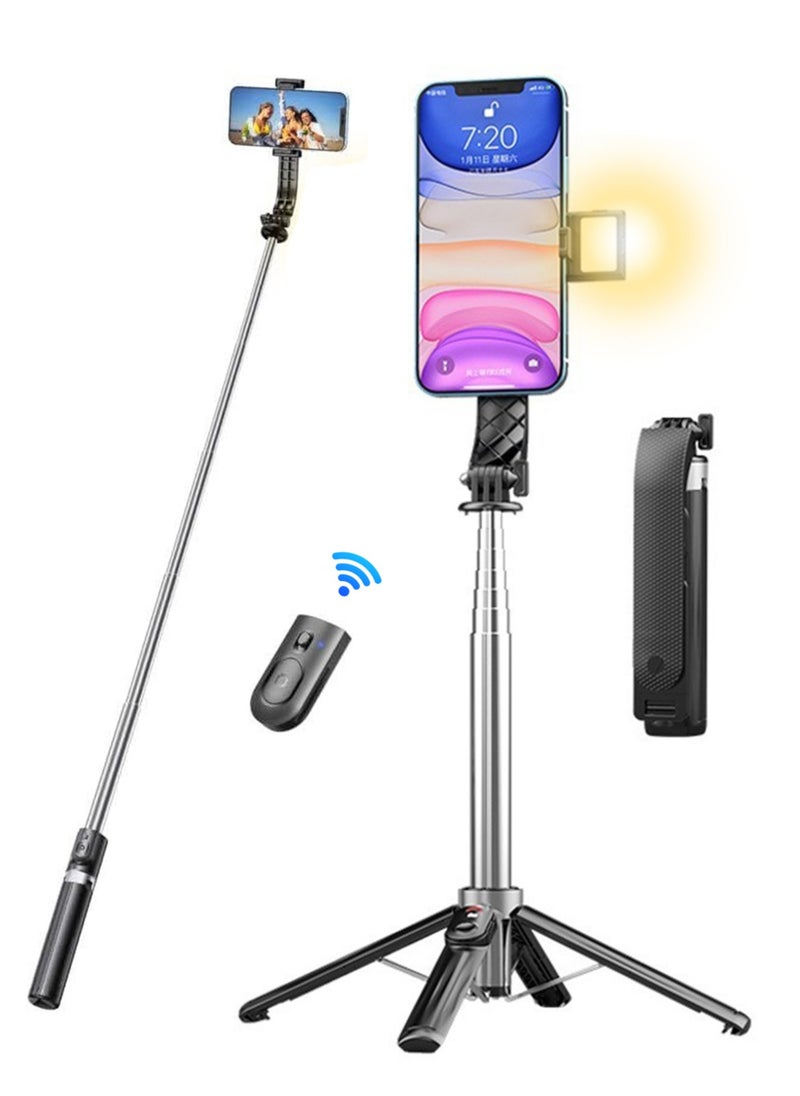 Generic - Selfie Extension Rod With Bluetooth Remote Control, Multifunctional Mobile Phone Selfie Stick, With A Shooting Stand That Can Be Stored As A Quadripod, With Fill Light, Can Be Extended To 1 Meter, Compatible With All Mobile Phones - Image 1