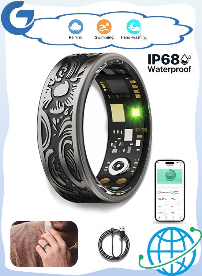 جي دي حلقة ذكية، بطارية طويلة مقاومة للماء حلقات ذكية متوافقة مع عمر البطارية، وحدة تعقب النوم بأثر رجعي من الفولاذ المقاوم للصدأ حلقة لياقة (أسود) - Image 1