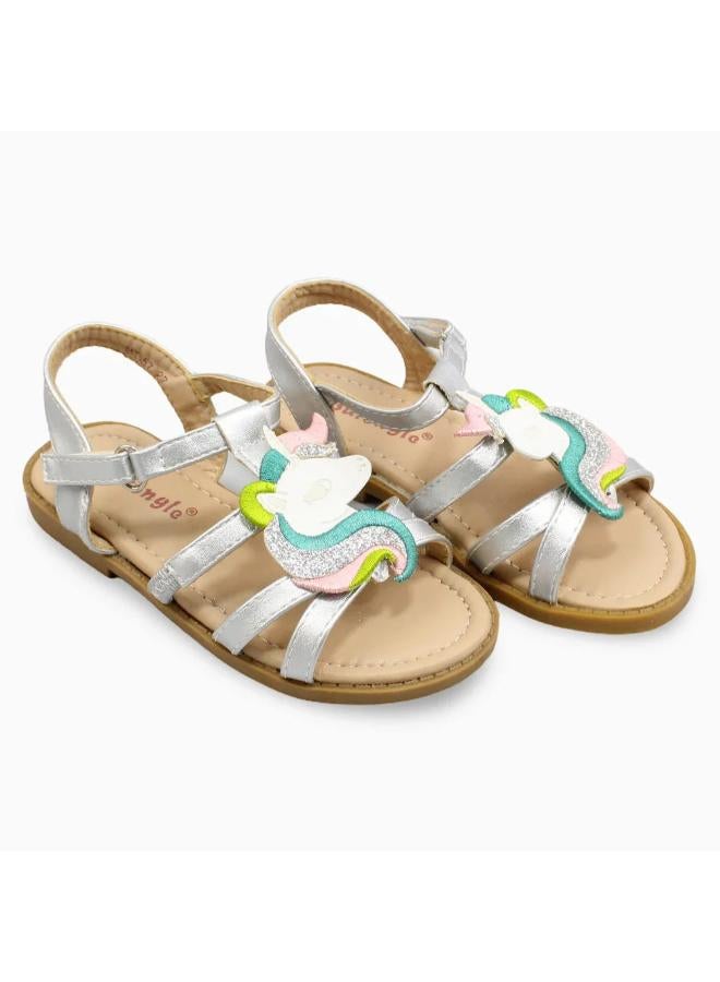Girls Leather Sandals – Silver with Unicorn Detail - Image 1