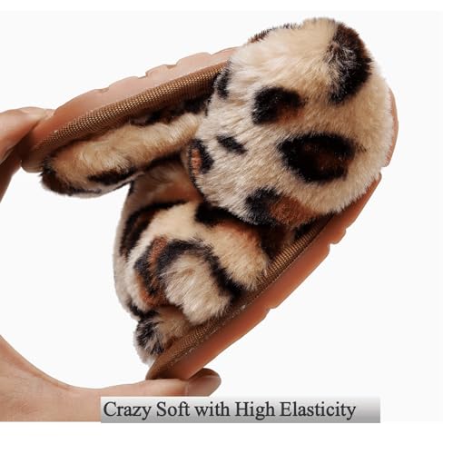 Crazy Lady Women's Fuzzy Fluffy House Slippers Cute Plush Memory Foam Shoes Cross Band Indoor Outdoor Open Toe Sandals(06/Coffee,Leopard 5.5-6.5) - Image 5
