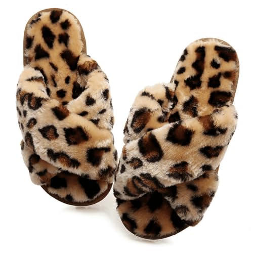 Crazy Lady Women's Fuzzy Fluffy House Slippers Cute Plush Memory Foam Shoes Cross Band Indoor Outdoor Open Toe Sandals(06/Coffee,Leopard 5.5-6.5) - Image 1