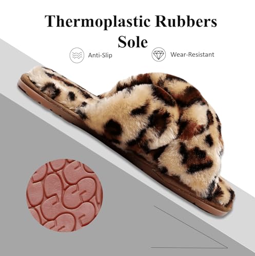 Crazy Lady Women's Fuzzy Fluffy House Slippers Cute Plush Memory Foam Shoes Cross Band Indoor Outdoor Open Toe Sandals(06/Coffee,Leopard 5.5-6.5) - Image 3