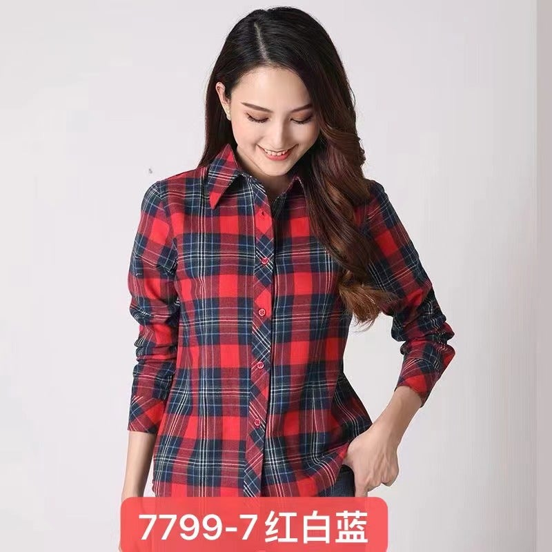 Plaid shirt long sleeve 2024 spring and summer New plus size students Korean version loose suit shirt sunscreen coat 7799-7 red, white and blue