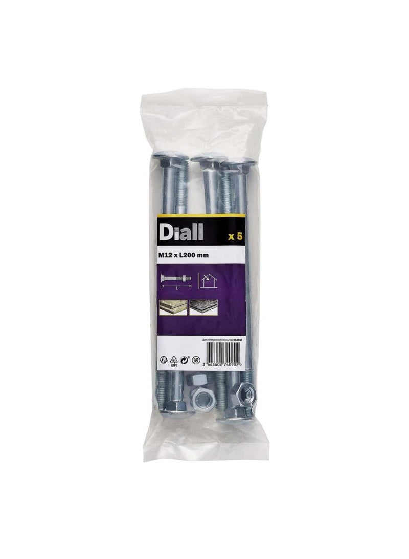 ACE Zinc Plated Carbon Steel Square Coach Nut And Bolt Pack M12 X 200 Mm 5 Piece 