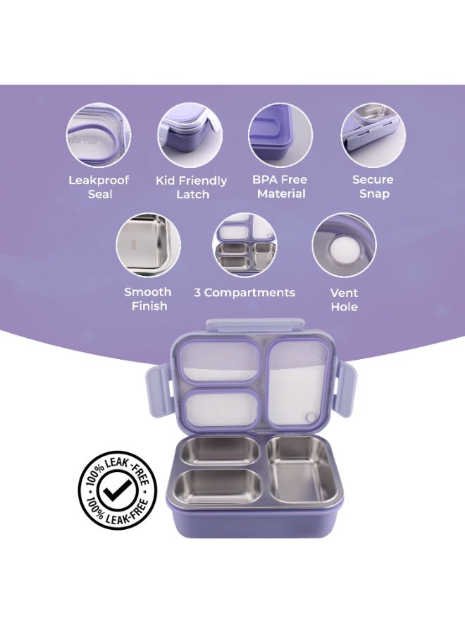 CRAVISTA Bento Lunch Boxes, Leak Proof Stainless Steel Lunch Box for Kids, BPA Free Bento Box for Kids and Adults | Tiffin Box for Office and School (Purple, 620 ML, 3 Compartment) - Image 3