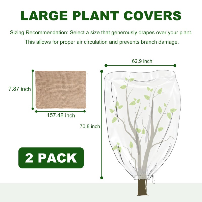 SDLDEER 2 Pack 63 x 71 Inch Plant Covers Freeze Protection, Frost Cloth Plant Freeze Protection With Burlap Tree Wrap, Reusable Breathable Freeze Blankets With Drawstring for Fruit Tree Shrub Potted - Image 2