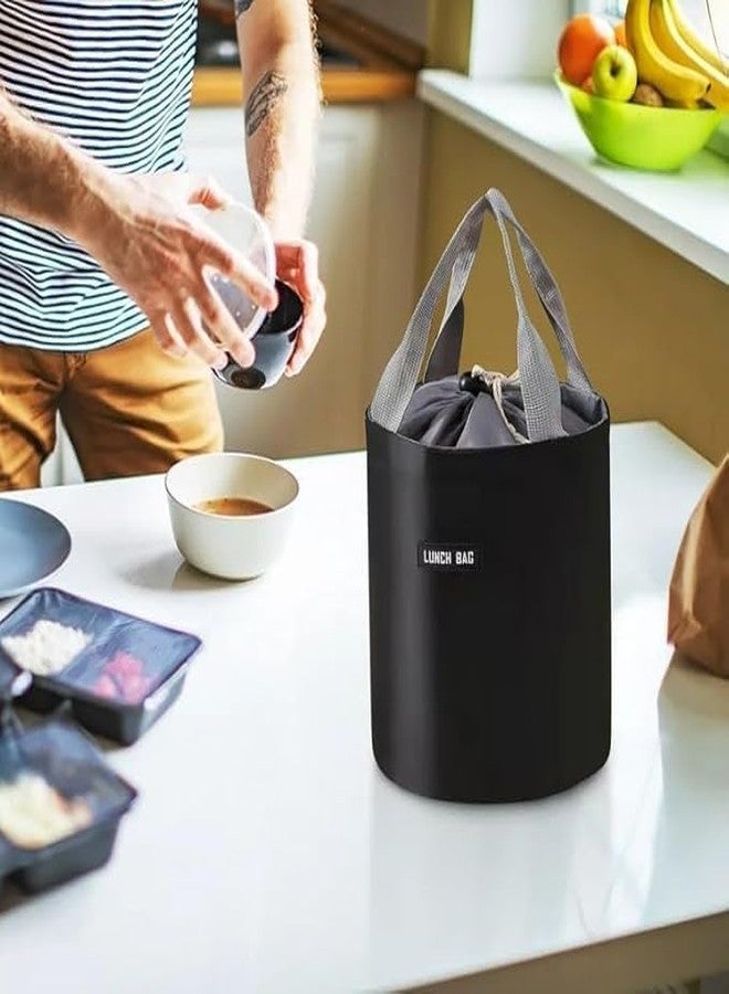 Zerolex Round Insulated Lunch Bag, Waterproof Tiffin Handbag with Drawstring Closure, Black - Image 2