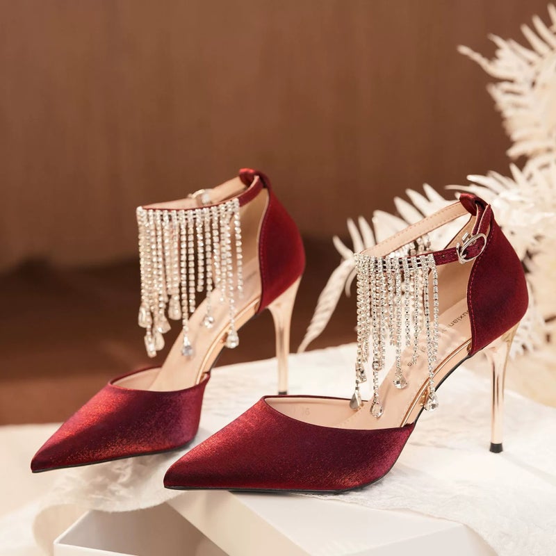 Sandals Pointed Toe Stiletto Satin Party Burgundy Women's Shoes - Image 2