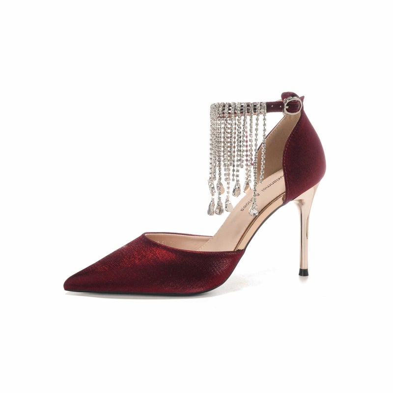 Sandals Pointed Toe Stiletto Satin Party Burgundy Women's Shoes - Image 1