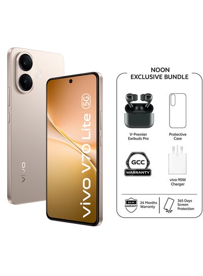 vivo V70 Lite AI 5G Dual SIM Gold 8GB RAM 256GB (90 W Charger Supporting) With Exclusive Gifts Earbuds, 24 Months Warranty + 1 Year Screen Replacement