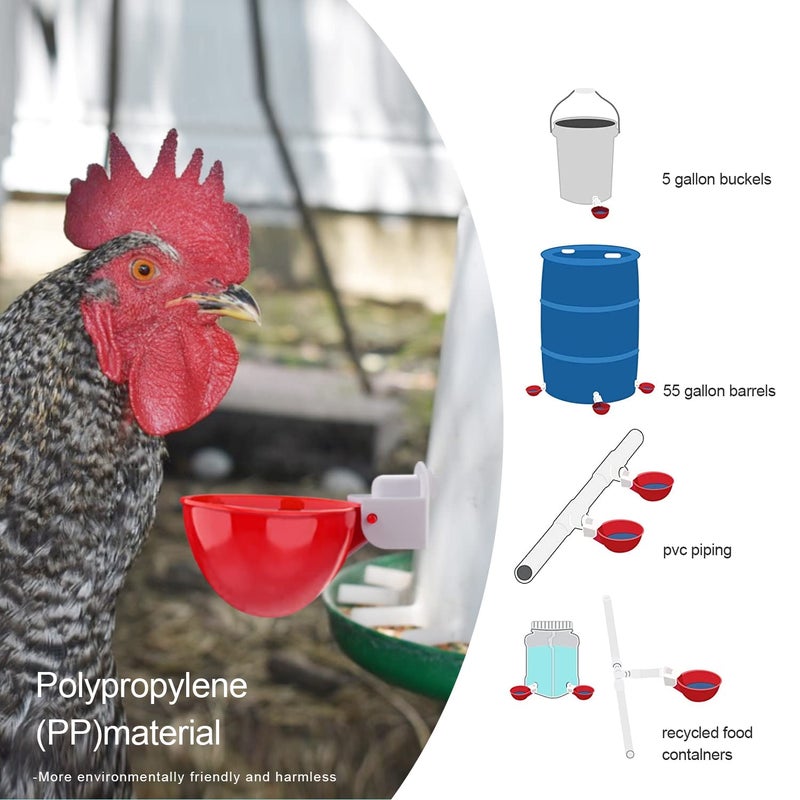 EOKOICA Chicken Waterer Cups, 6 Packs Large Chicken Watering Cups, Automatic Chicken Water Cups, Tee Fittings Poultry Feeder Cups Suitable for Chicken, Duck, Goose, Turkey with Mounting Hole Opener - Image 3