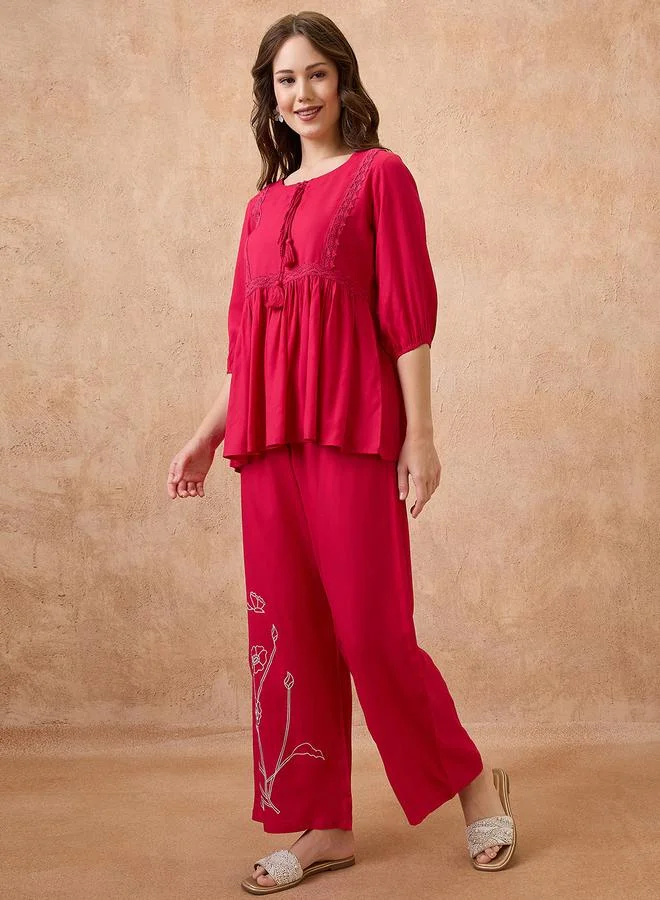 globus Globus Red Lace Insert Peplum Top and Trousers Workwear Co-Ords