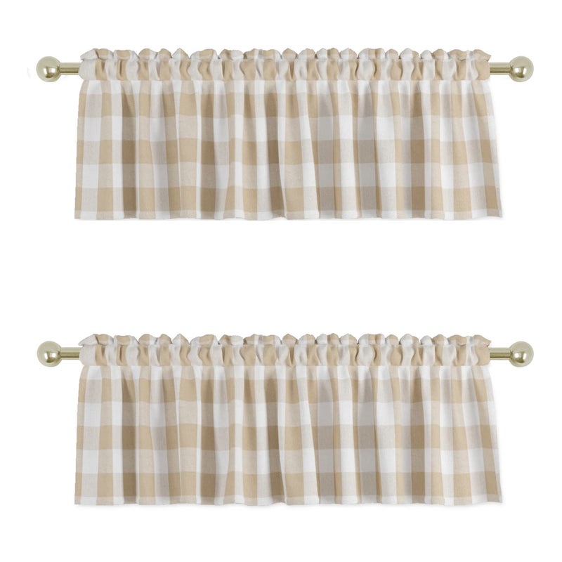 UPOPO 2 Pieces Valences Buffalo Check Kitchen Tier Curtains Classic Plaid Gingham Farmhouse Window Curtain Valance Living Room Bedroom Rod Pocket Beige & White 56"x 16" - Image 1
