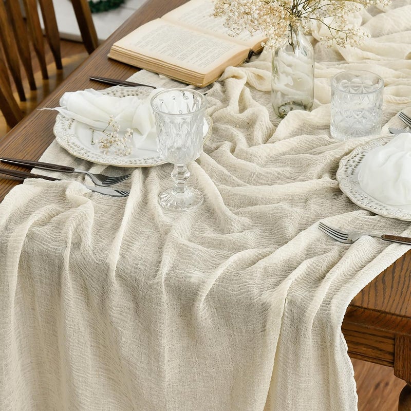 Artoid Mode Boho Beige Gauze Wedding Cheesecloth Table Runner, 30x120 Inch Seasonal Fabric Kitchen Dining Holiday Table Decor for Home Party - Image 1