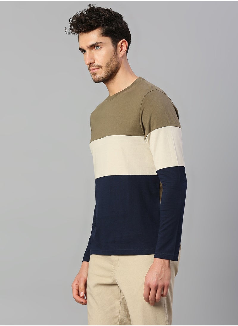Dennis Lingo - Olive Regular Fit T-shirt for Men - Cotton, Colourblocked, Round Neck, Crew Neck, Full Sleeves, Knitted, Casual, - Image 1
