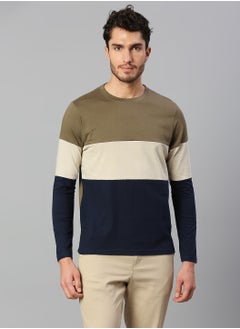 Olive Regular Fit T-shirt for Men - Cotton, Colourblocked, Round Neck, Crew Neck, Full Sleeves, Knitted, Casual,