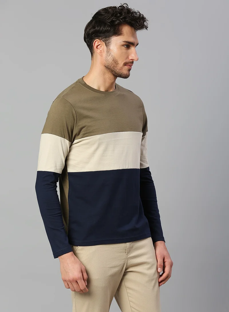 Dennis Lingo Men's Olive 100% Cotton Colourblocked Regular Fit T-Shirt