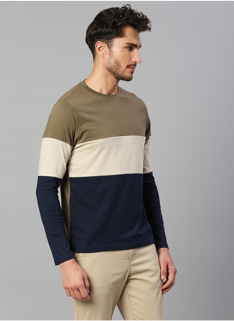 Dennis Lingo - Olive Regular Fit T-shirt for Men - Cotton, Colourblocked, Round Neck, Crew Neck, Full Sleeves, Knitted, Casual, - Image 1