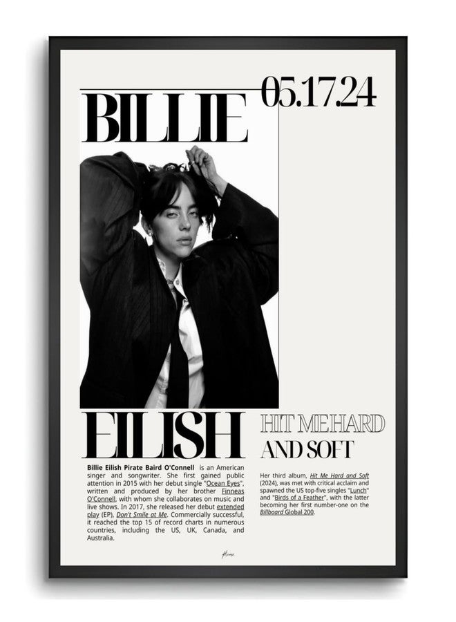 Vyopix Billie Eilish - Hit Me Hard and Soft Music Poster, Wall Decoration Art Framed Poster, Laminated Poster with 0.5 Inch Black Wooden Frame For Home, Living Room, Bedroom and Office (8X12 Inches) - Image 1