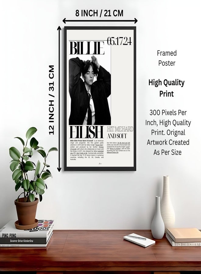 Vyopix Billie Eilish - Hit Me Hard and Soft Music Poster, Wall Decoration Art Framed Poster, Laminated Poster with 0.5 Inch Black Wooden Frame For Home, Living Room, Bedroom and Office (8X12 Inches) - Image 3